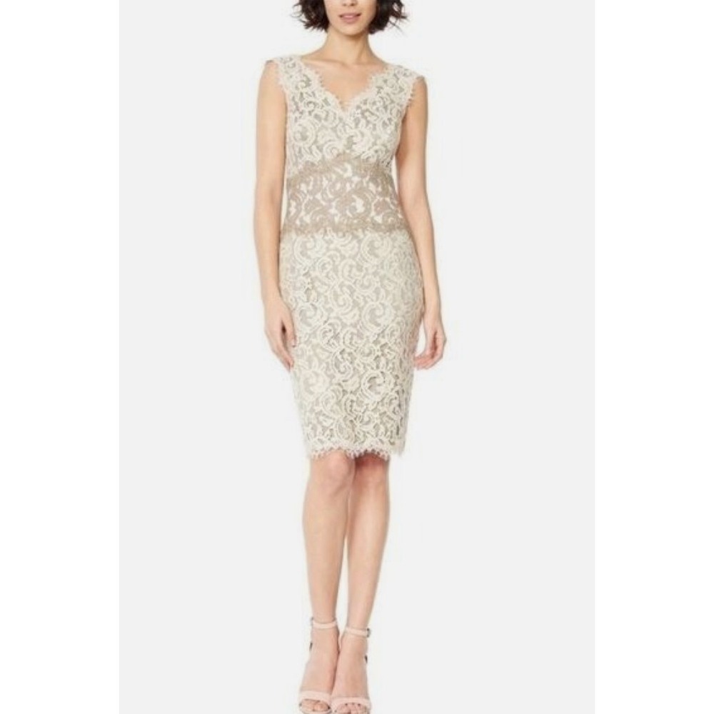 Tadashi Shoji Cream Mocha Lace Cocktail Sheath Dress V-Neck 6P Petite